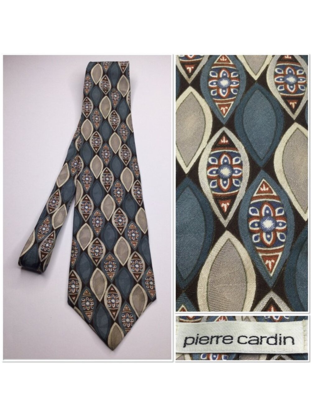 Pierre Cardin Mens Silk Tie Blue & Beige Geometric Pattern Made In USA Preppy